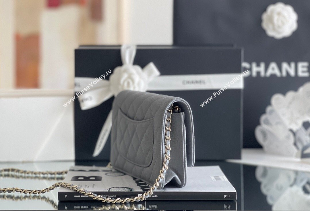 Chanel Grained Calfskin Classic Wallet on Chain WOC Grey/Light Gold 2024 Top Quality (MHE-24080939)