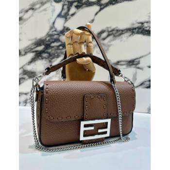 Fendi Baguette Mini Selleria bag with topstitches in Grained Calfskin Dark Brown 2024 8610S (CL-241213004)