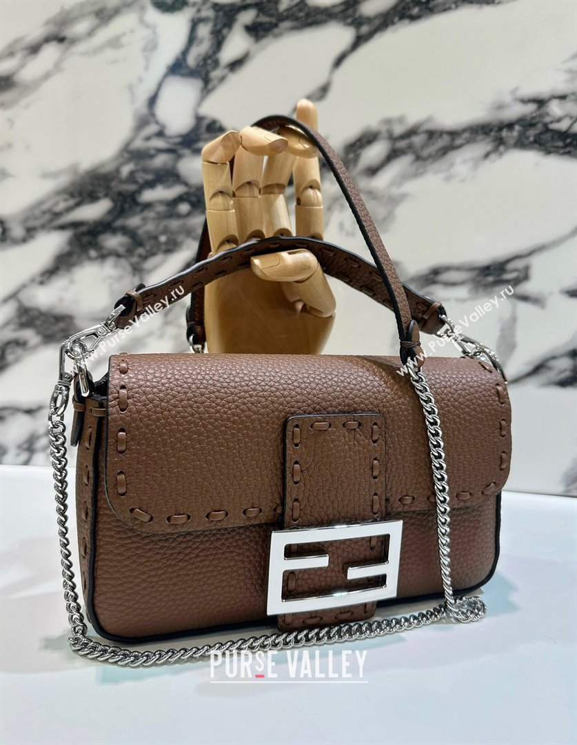 Fendi Baguette Mini Selleria bag with topstitches in Grained Calfskin Dark Brown 2024 8610S (CL-241213004)