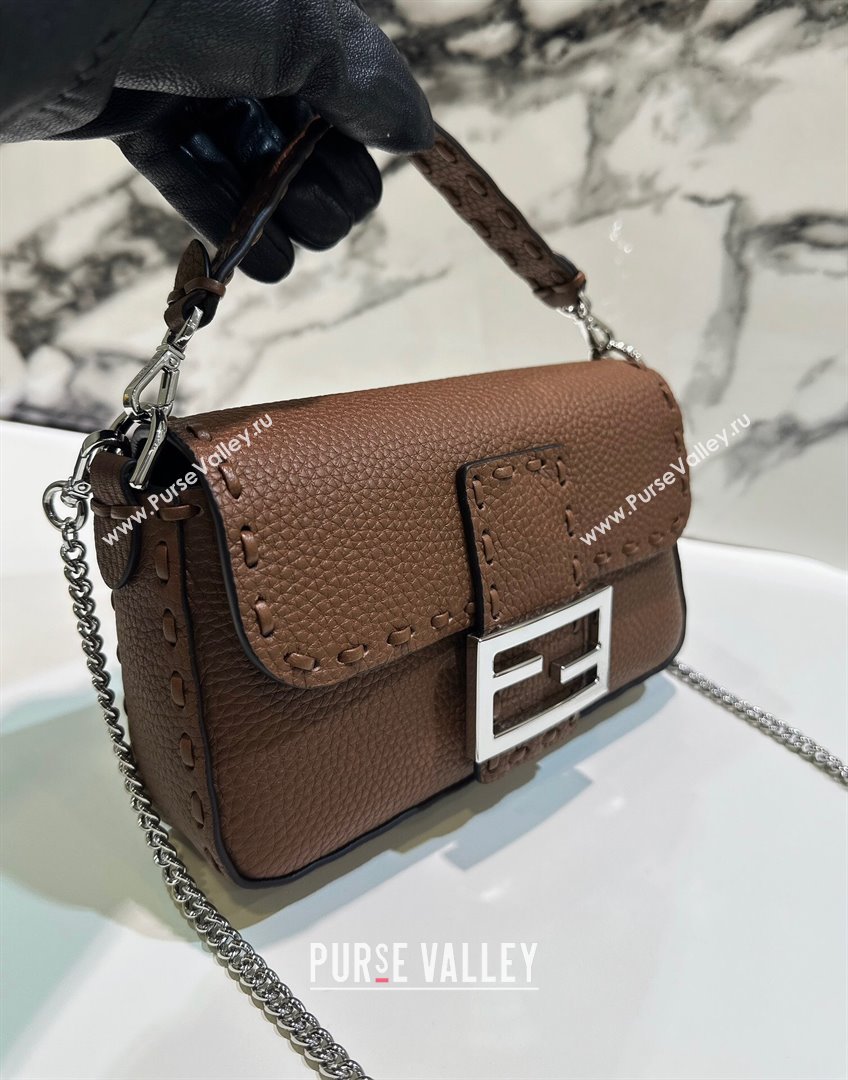 Fendi Baguette Mini Selleria bag with topstitches in Grained Calfskin Dark Brown 2024 8610S (CL-241213004)