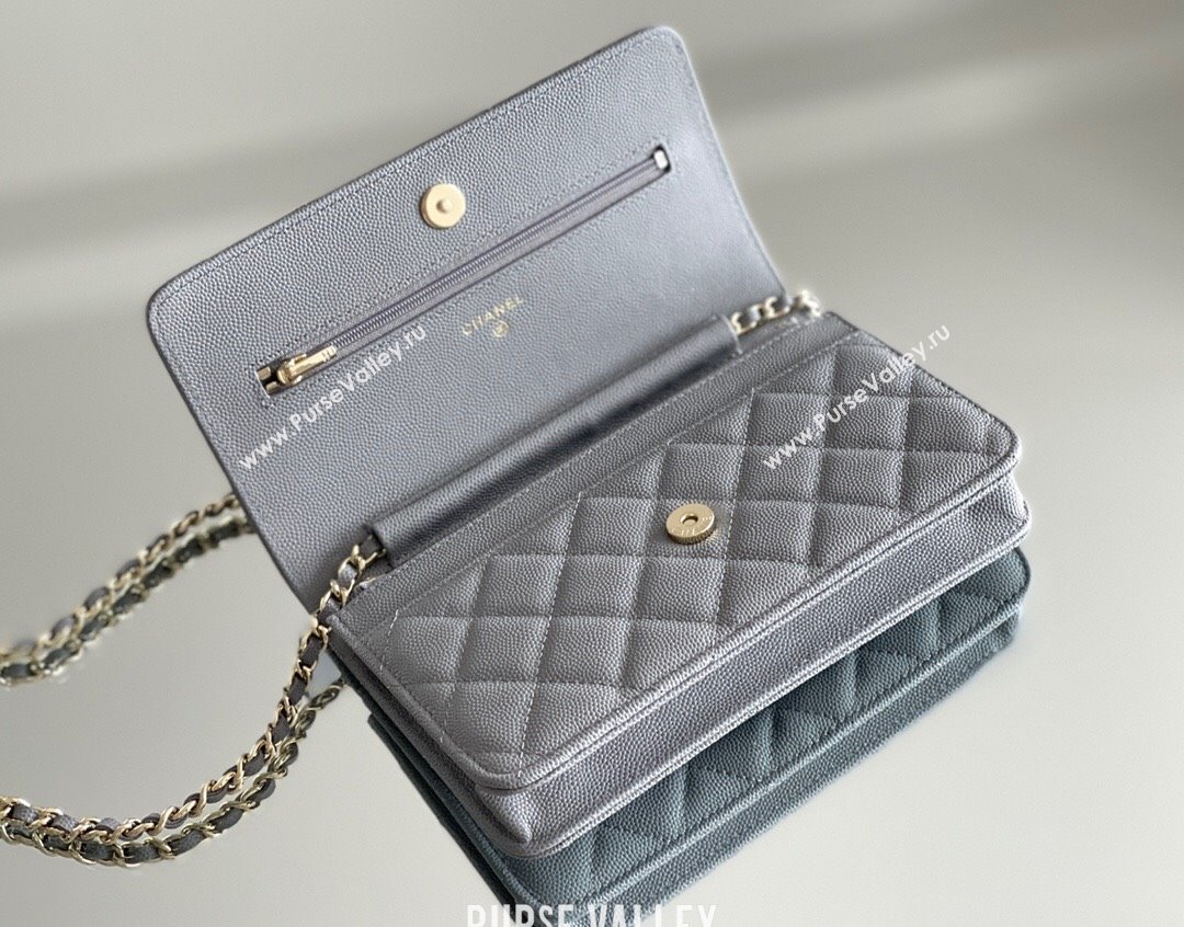 Chanel Grained Calfskin Classic Wallet on Chain WOC Grey/Light Gold 2024 Top Quality (MHE-24080939)