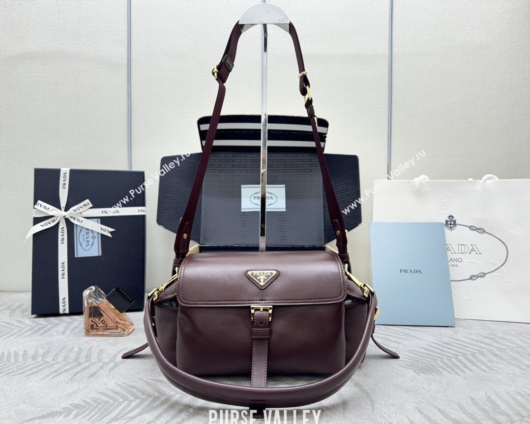 Prada Explore medium nappa leather shoulder bag with flap Burgundy 2026 1BD394 (YZ-260410129)
