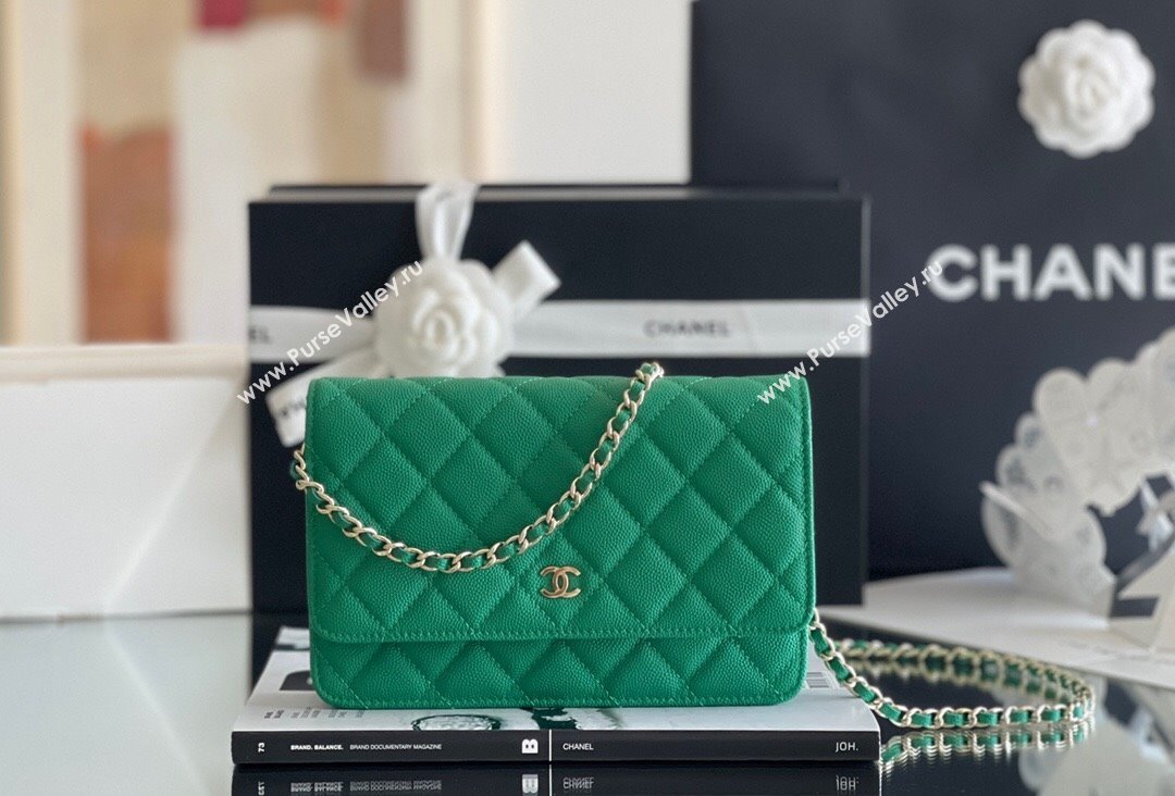 Chanel Grained Calfskin Classic Wallet on Chain WOC Green/Light Gold 2024 Top Quality (MHE-24080940)