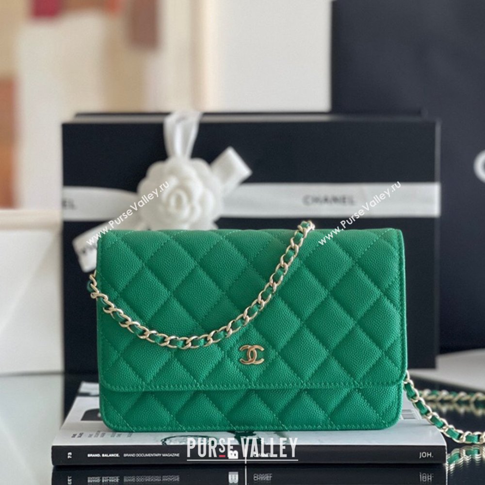 Chanel Grained Calfskin Classic Wallet on Chain WOC Green/Light Gold 2024 Top Quality (MHE-24080940)