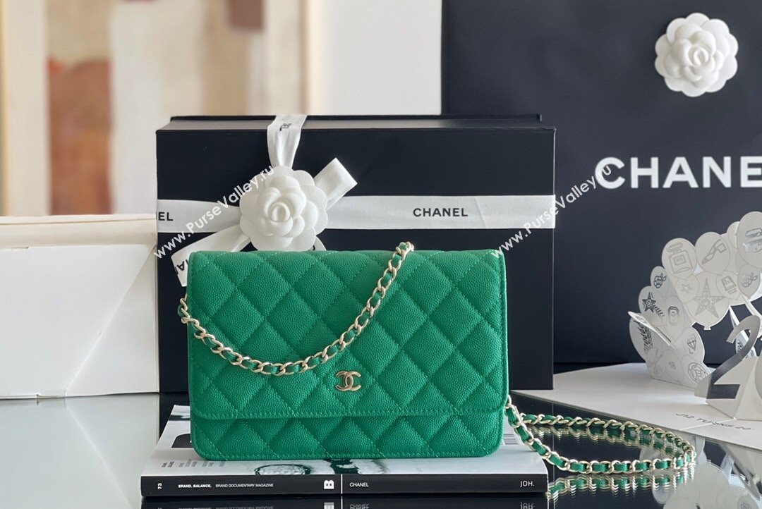 Chanel Grained Calfskin Classic Wallet on Chain WOC Green/Light Gold 2024 Top Quality (MHE-24080940)