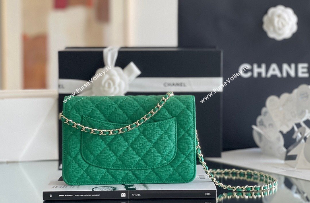 Chanel Grained Calfskin Classic Wallet on Chain WOC Green/Light Gold 2024 Top Quality (MHE-24080940)