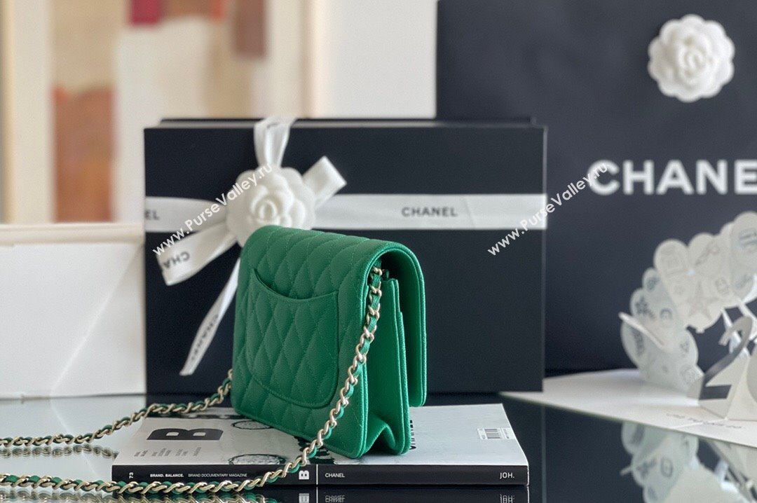 Chanel Grained Calfskin Classic Wallet on Chain WOC Green/Light Gold 2024 Top Quality (MHE-24080940)