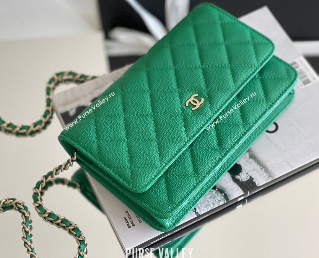 Chanel Grained Calfskin Classic Wallet on Chain WOC Green/Light Gold 2024 Top Quality (MHE-24080940)