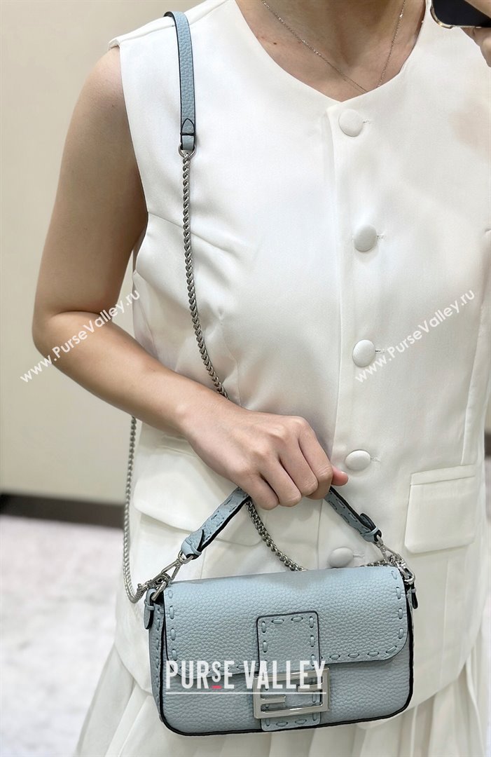 Fendi Baguette Mini Selleria bag with topstitches in Grained Calfskin Light Blue 2024 8610S (CL-241213006)