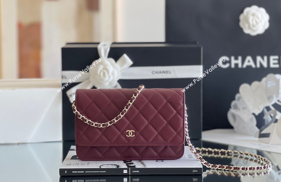 Chanel Grained Calfskin Classic Wallet on Chain WOC Burgundy/Light Gold 2024 Top Quality (MHE-24080941)