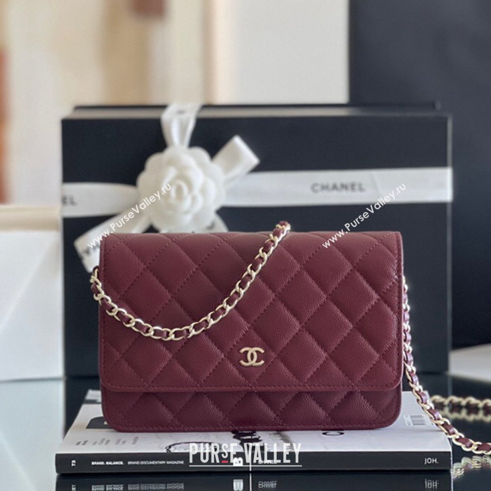 Chanel Grained Calfskin Classic Wallet on Chain WOC Burgundy/Light Gold 2024 Top Quality (MHE-24080941)