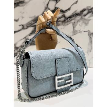 Fendi Baguette Mini Selleria bag with topstitches in Grained Calfskin Light Blue 2024 8610S (CL-241213006)