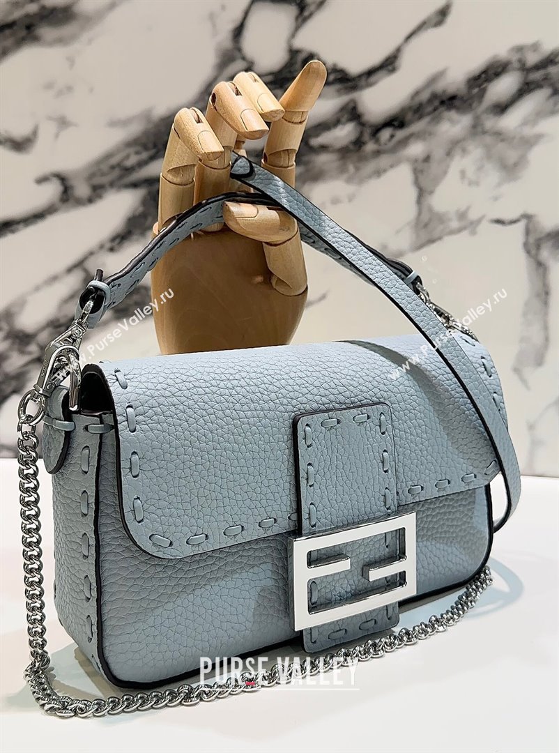 Fendi Baguette Mini Selleria bag with topstitches in Grained Calfskin Light Blue 2024 8610S (CL-241213006)