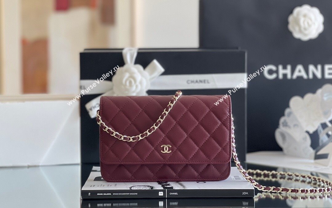 Chanel Grained Calfskin Classic Wallet on Chain WOC Burgundy/Light Gold 2024 Top Quality (MHE-24080941)