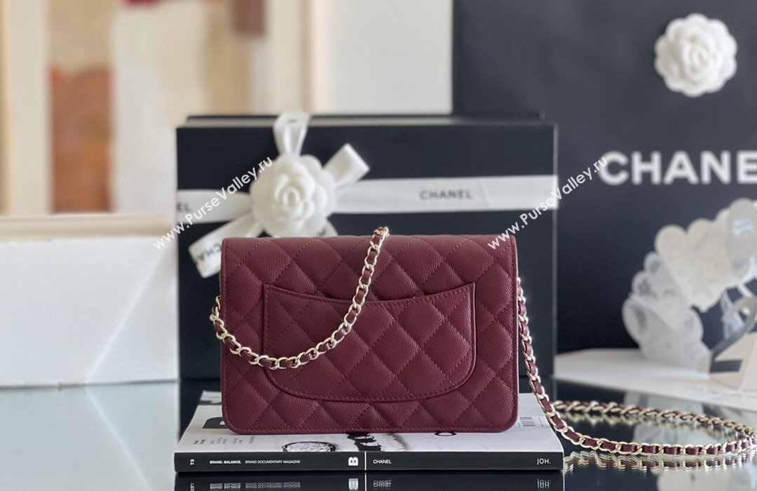 Chanel Grained Calfskin Classic Wallet on Chain WOC Burgundy/Light Gold 2024 Top Quality (MHE-24080941)