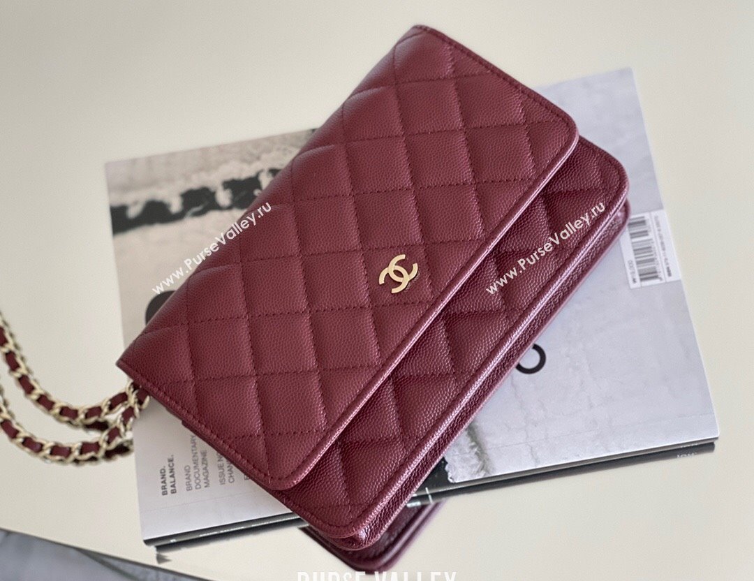 Chanel Grained Calfskin Classic Wallet on Chain WOC Burgundy/Light Gold 2024 Top Quality (MHE-24080941)