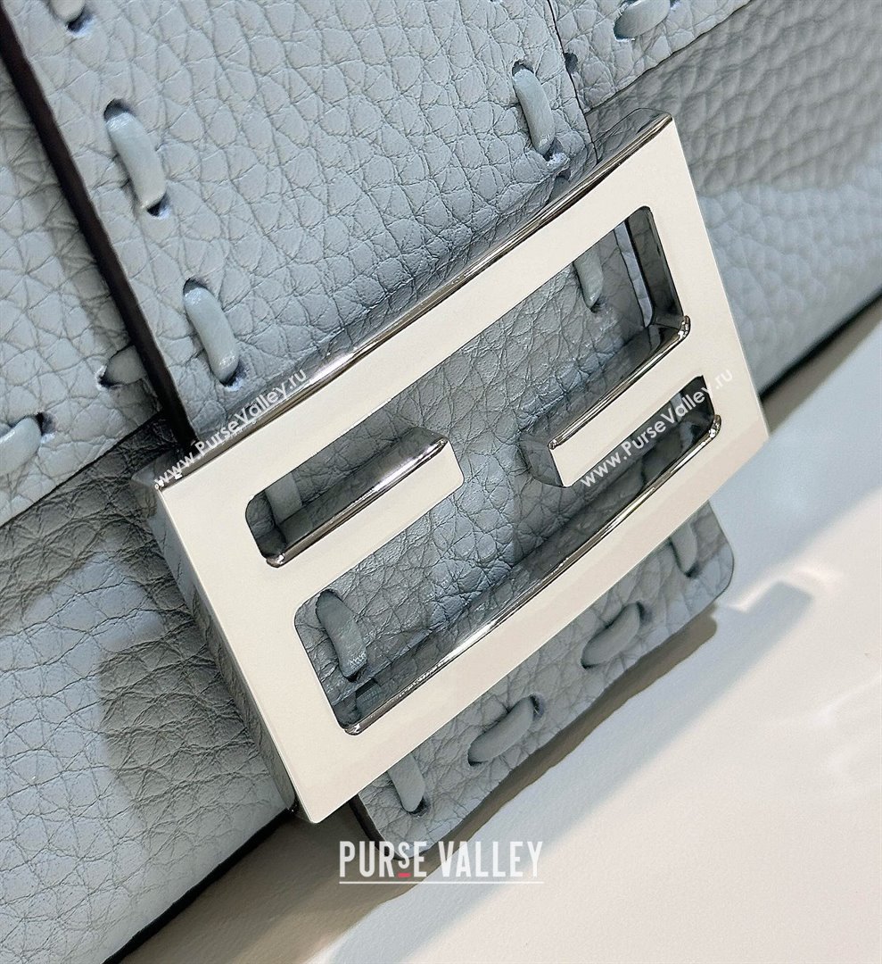 Fendi Baguette Mini Selleria bag with topstitches in Grained Calfskin Light Blue 2024 8610S (CL-241213006)