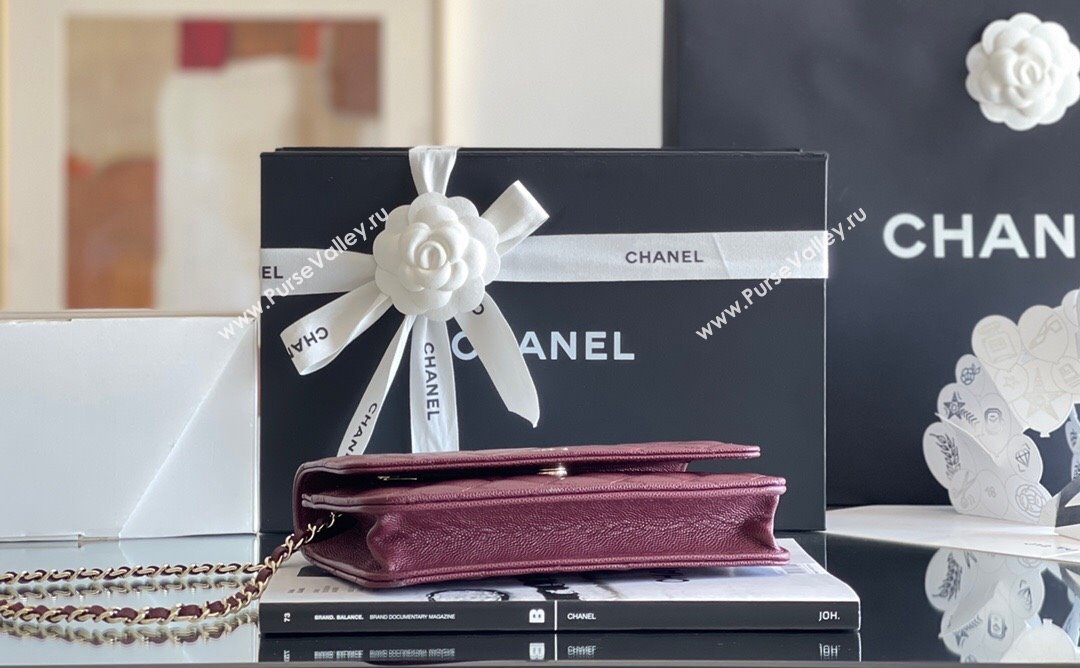 Chanel Grained Calfskin Classic Wallet on Chain WOC Burgundy/Light Gold 2024 Top Quality (MHE-24080941)