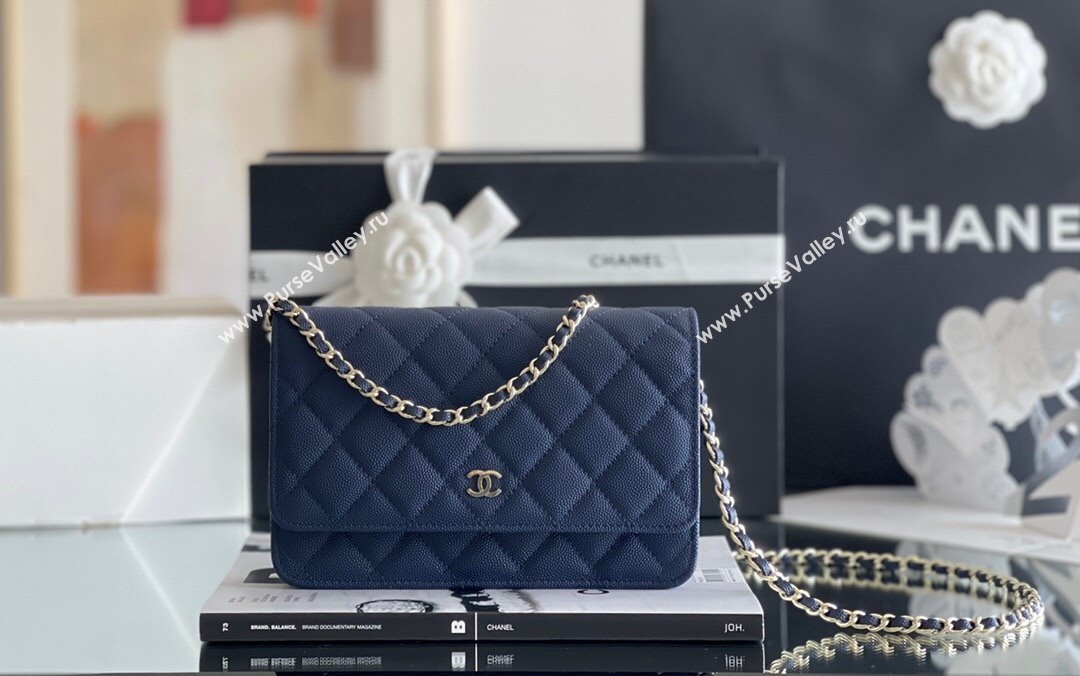 Chanel Grained Calfskin Classic Wallet on Chain WOC Navy Blue/Light Gold 2024 Top Quality (MHE-24080942)