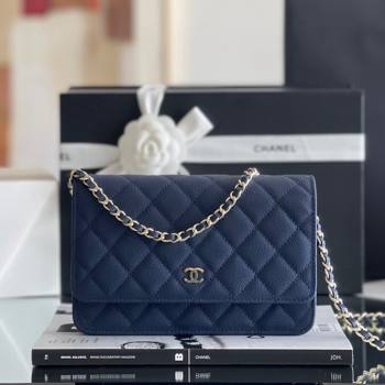 Chanel Grained Calfskin Classic Wallet on Chain WOC Navy Blue/Light Gold 2024 Top Quality (MHE-24080942)