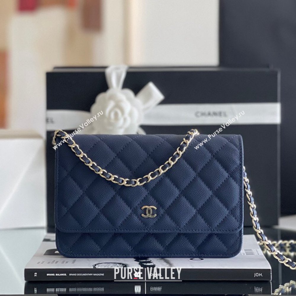 Chanel Grained Calfskin Classic Wallet on Chain WOC Navy Blue/Light Gold 2024 Top Quality (MHE-24080942)