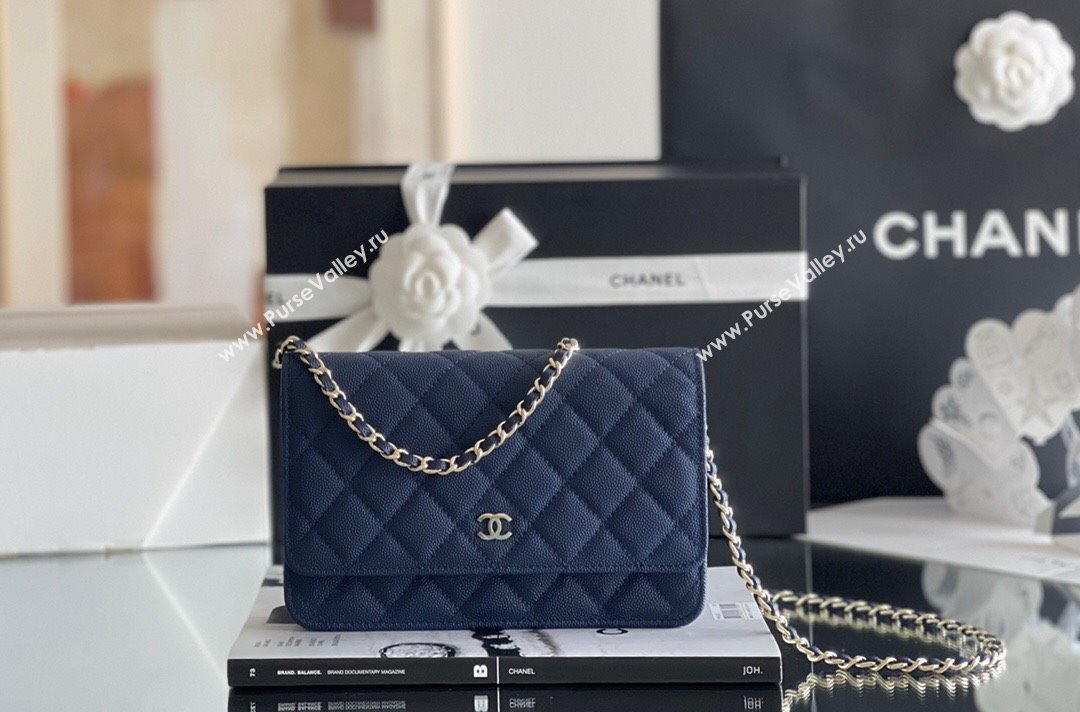 Chanel Grained Calfskin Classic Wallet on Chain WOC Navy Blue/Light Gold 2024 Top Quality (MHE-24080942)