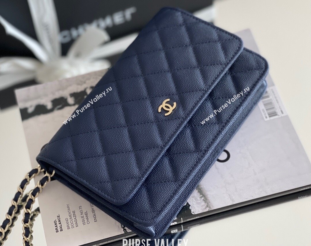 Chanel Grained Calfskin Classic Wallet on Chain WOC Navy Blue/Light Gold 2024 Top Quality (MHE-24080942)