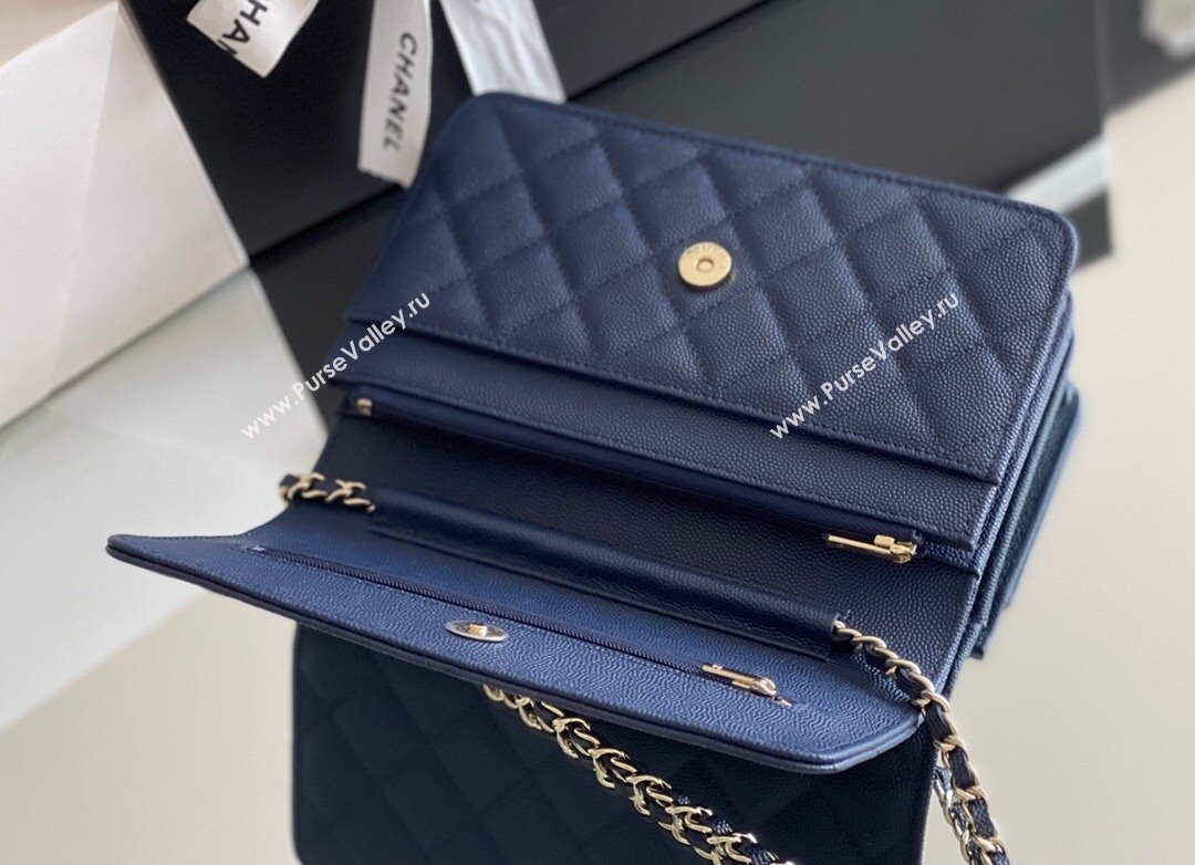 Chanel Grained Calfskin Classic Wallet on Chain WOC Navy Blue/Light Gold 2024 Top Quality (MHE-24080942)