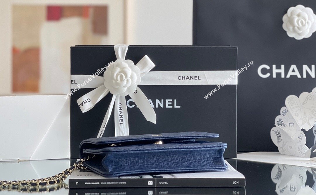 Chanel Grained Calfskin Classic Wallet on Chain WOC Navy Blue/Light Gold 2024 Top Quality (MHE-24080942)