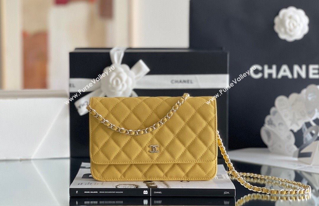 Chanel Grained Calfskin Classic Wallet on Chain WOC Yellow/Light Gold 2024 Top Quality (MHE-24080943)