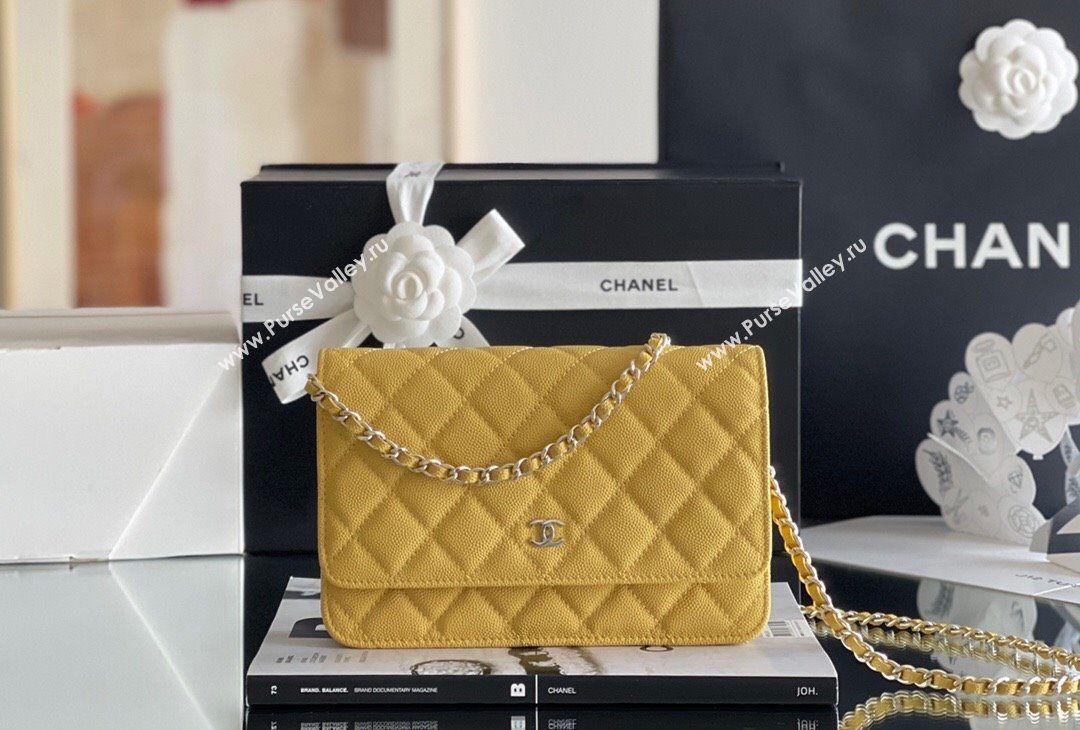 Chanel Grained Calfskin Classic Wallet on Chain WOC Yellow/Light Gold 2024 Top Quality (MHE-24080943)