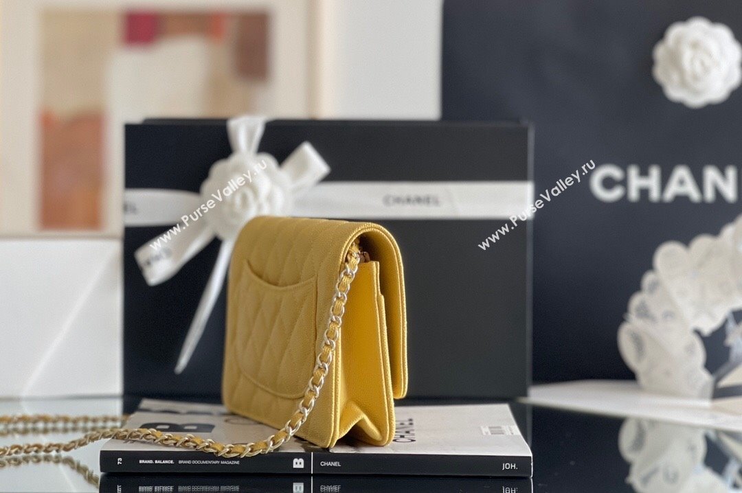 Chanel Grained Calfskin Classic Wallet on Chain WOC Yellow/Light Gold 2024 Top Quality (MHE-24080943)