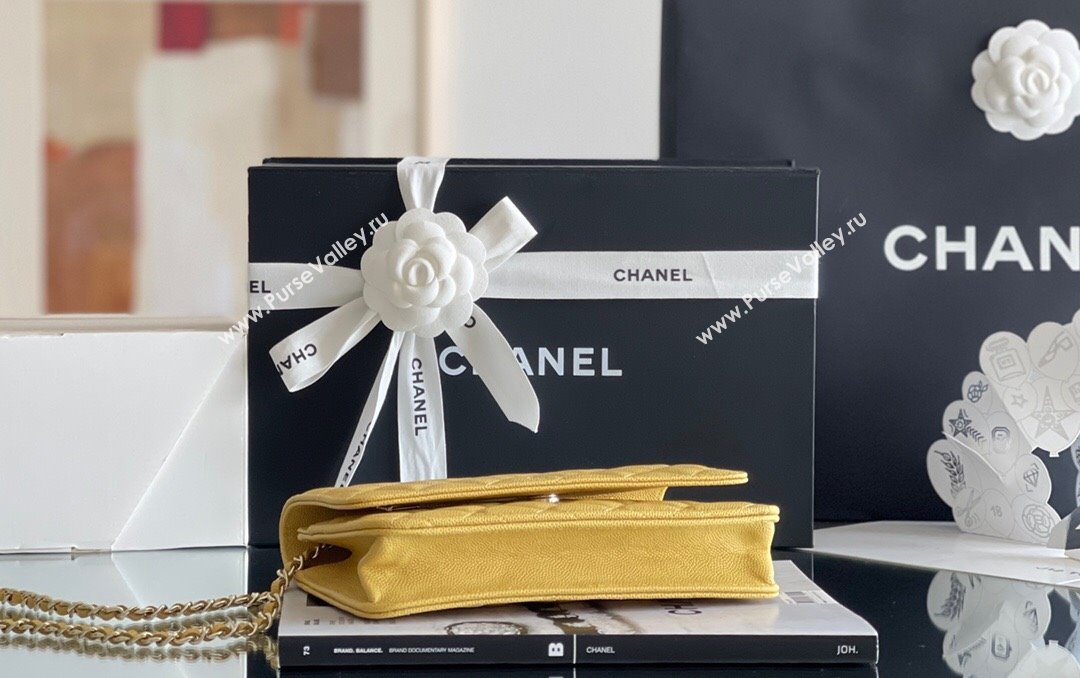 Chanel Grained Calfskin Classic Wallet on Chain WOC Yellow/Light Gold 2024 Top Quality (MHE-24080943)