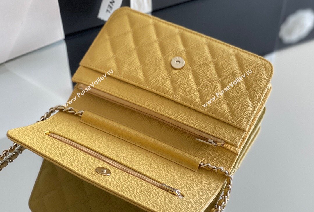 Chanel Grained Calfskin Classic Wallet on Chain WOC Yellow/Light Gold 2024 Top Quality (MHE-24080943)