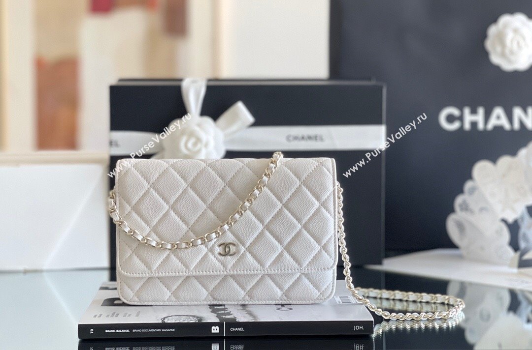 Chanel Grained Calfskin Classic Wallet on Chain WOC White/Light Gold 2024 Top Quality (MHE-24080931)