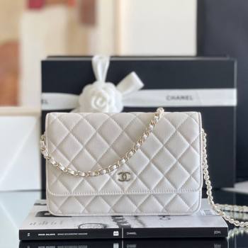 Chanel Grained Calfskin Classic Wallet on Chain WOC White/Light Gold 2024 Top Quality (MHE-24080931)