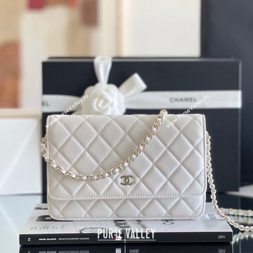 Chanel Grained Calfskin Classic Wallet on Chain WOC White/Light Gold 2024 Top Quality (MHE-24080931)