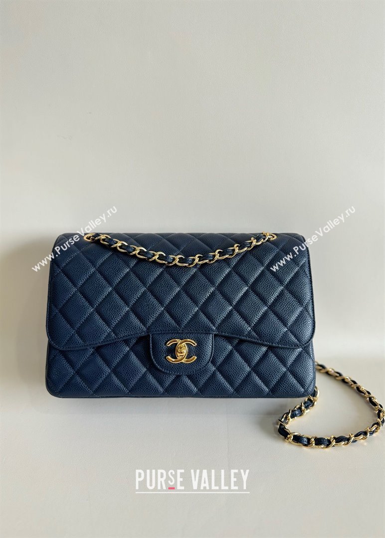 Chanel Quilted Grained Calfskin Jumbo Flap Bag 30cm A01113 Blue/Gold 2024 (YUND-24111910)