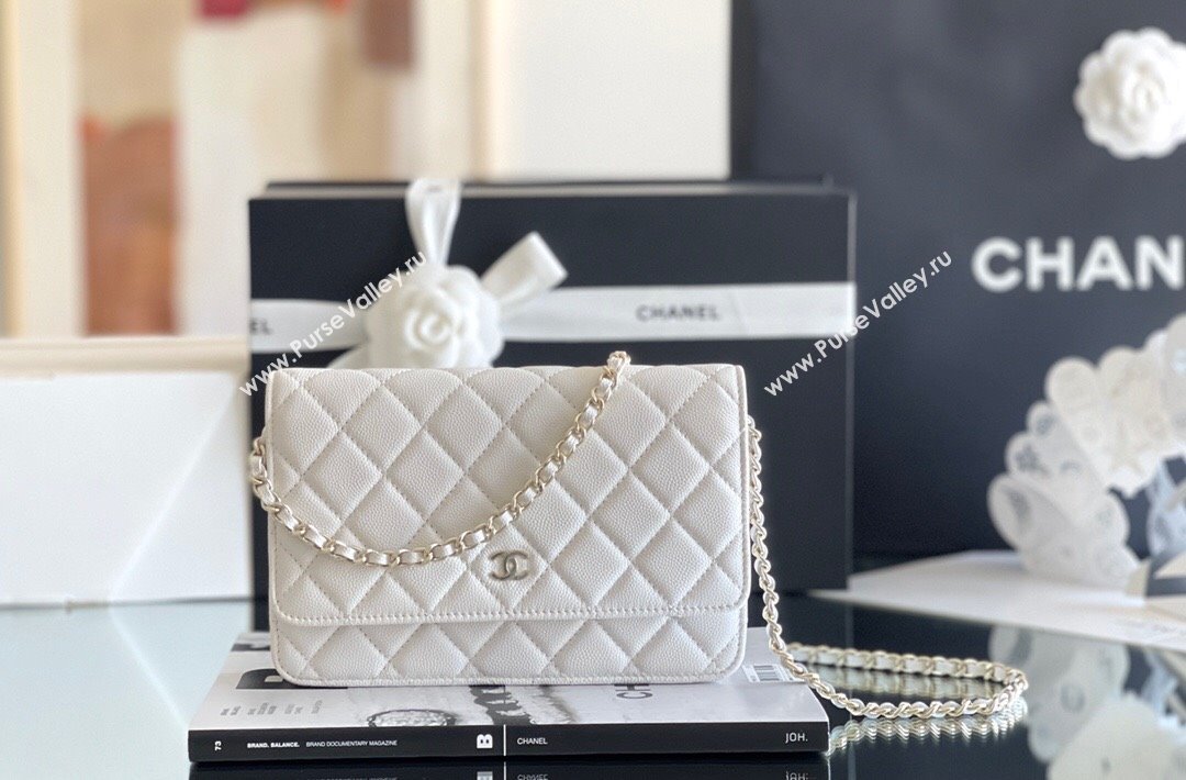 Chanel Grained Calfskin Classic Wallet on Chain WOC White/Light Gold 2024 Top Quality (MHE-24080931)