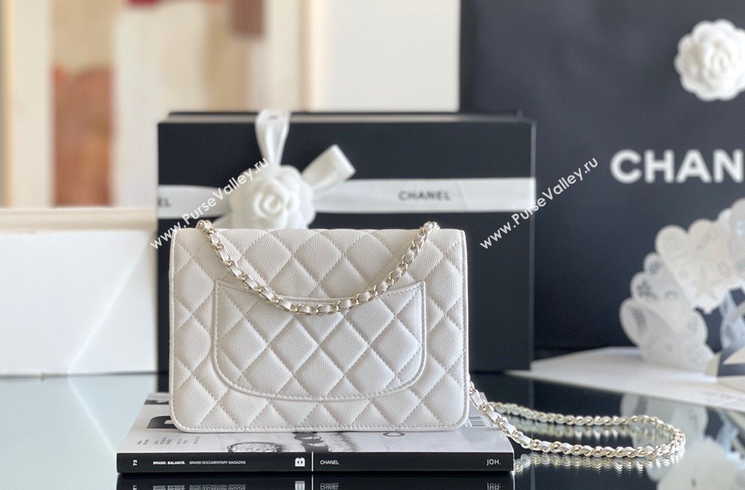 Chanel Grained Calfskin Classic Wallet on Chain WOC White/Light Gold 2024 Top Quality (MHE-24080931)