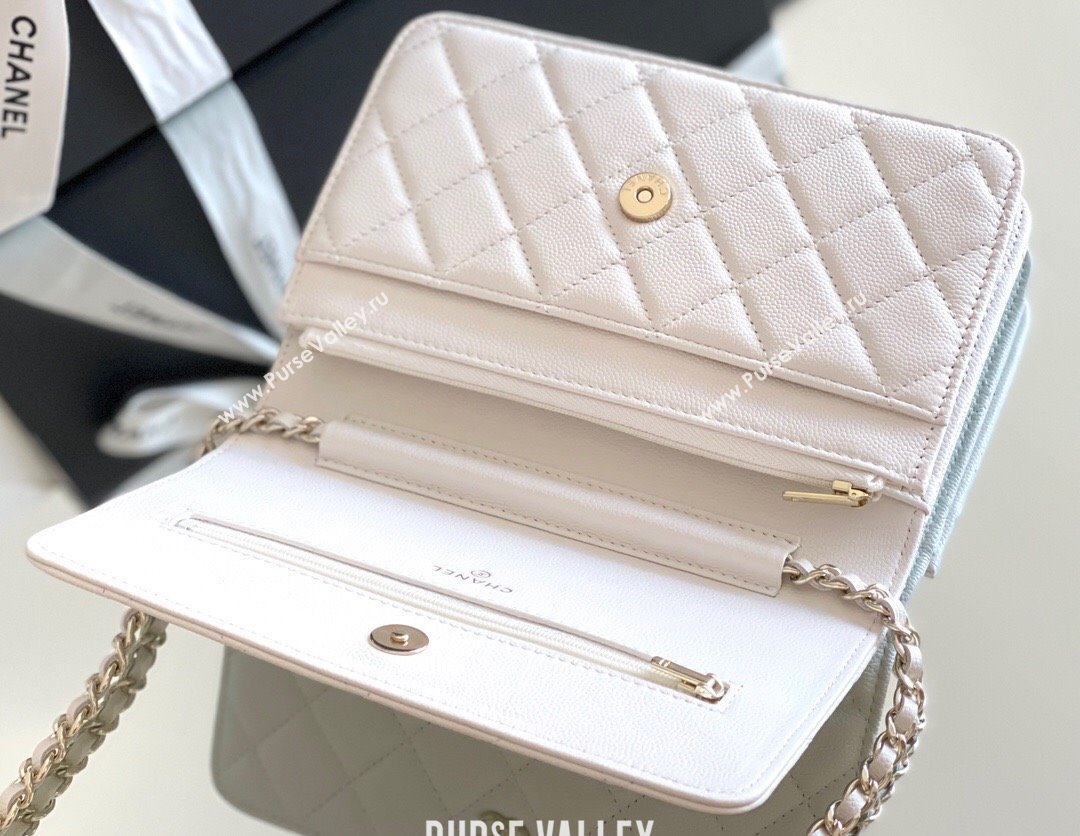 Chanel Grained Calfskin Classic Wallet on Chain WOC White/Light Gold 2024 Top Quality (MHE-24080931)