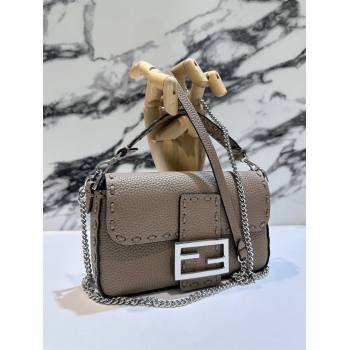 Fendi Baguette Mini Selleria bag with topstitches in Grained Calfskin Dove Grey 2024 8610S (CL-241213008)