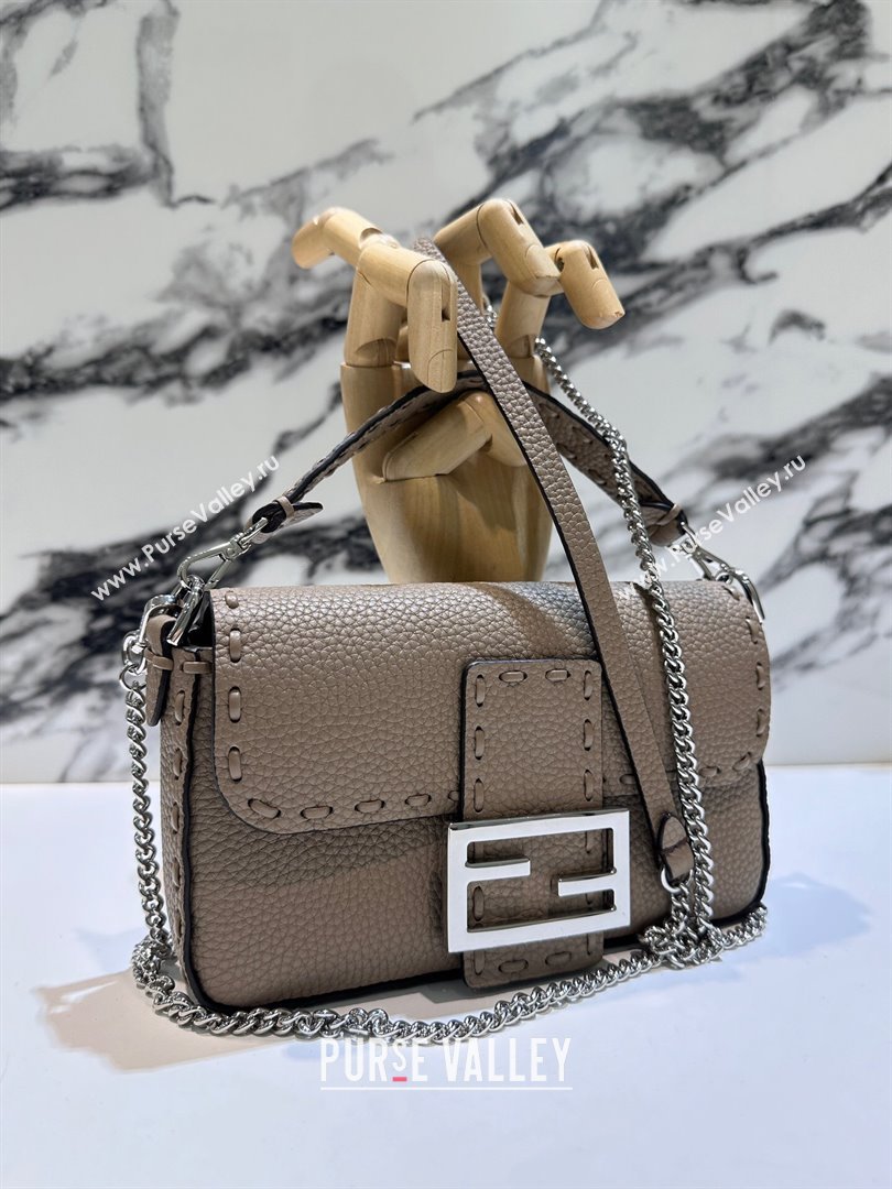 Fendi Baguette Mini Selleria bag with topstitches in Grained Calfskin Dove Grey 2024 8610S (CL-241213008)