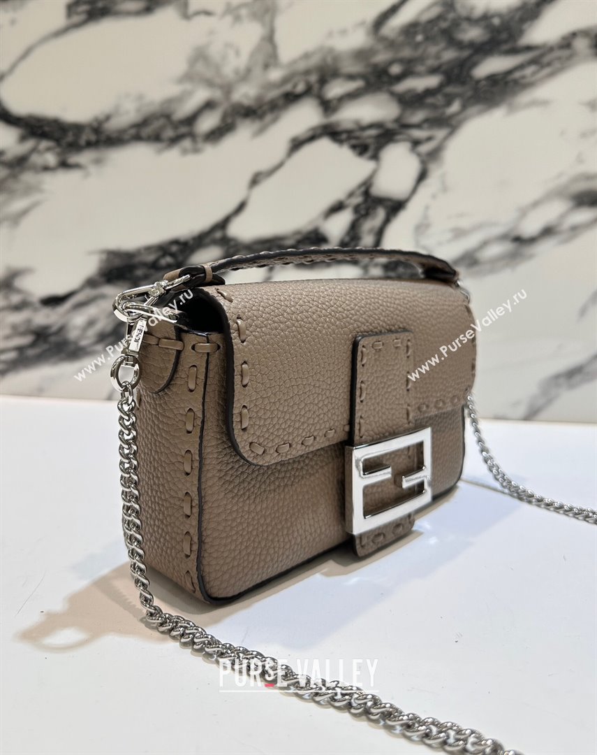 Fendi Baguette Mini Selleria bag with topstitches in Grained Calfskin Dove Grey 2024 8610S (CL-241213008)