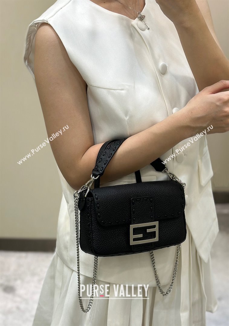 Fendi Baguette Mini Selleria bag with topstitches in Grained Calfskin Black 2024 8610S (CL-241213009)