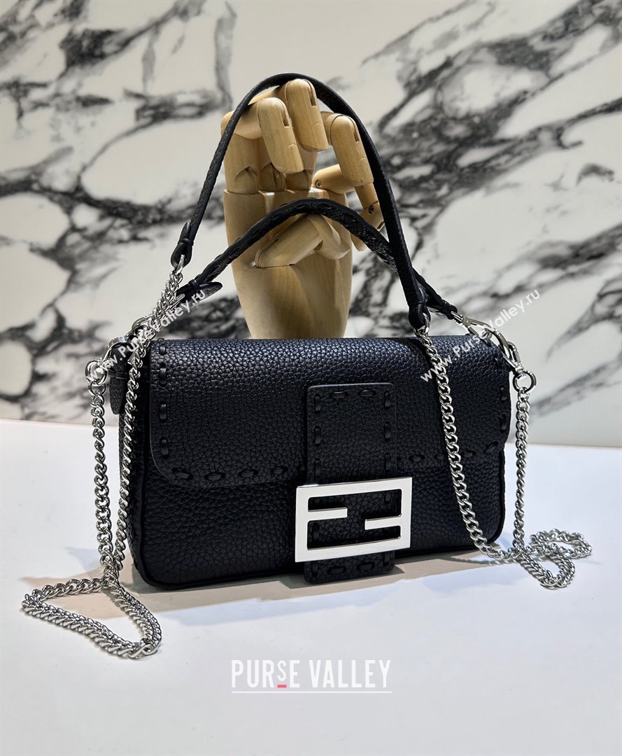 Fendi Baguette Mini Selleria bag with topstitches in Grained Calfskin Black 2024 8610S (CL-241213009)