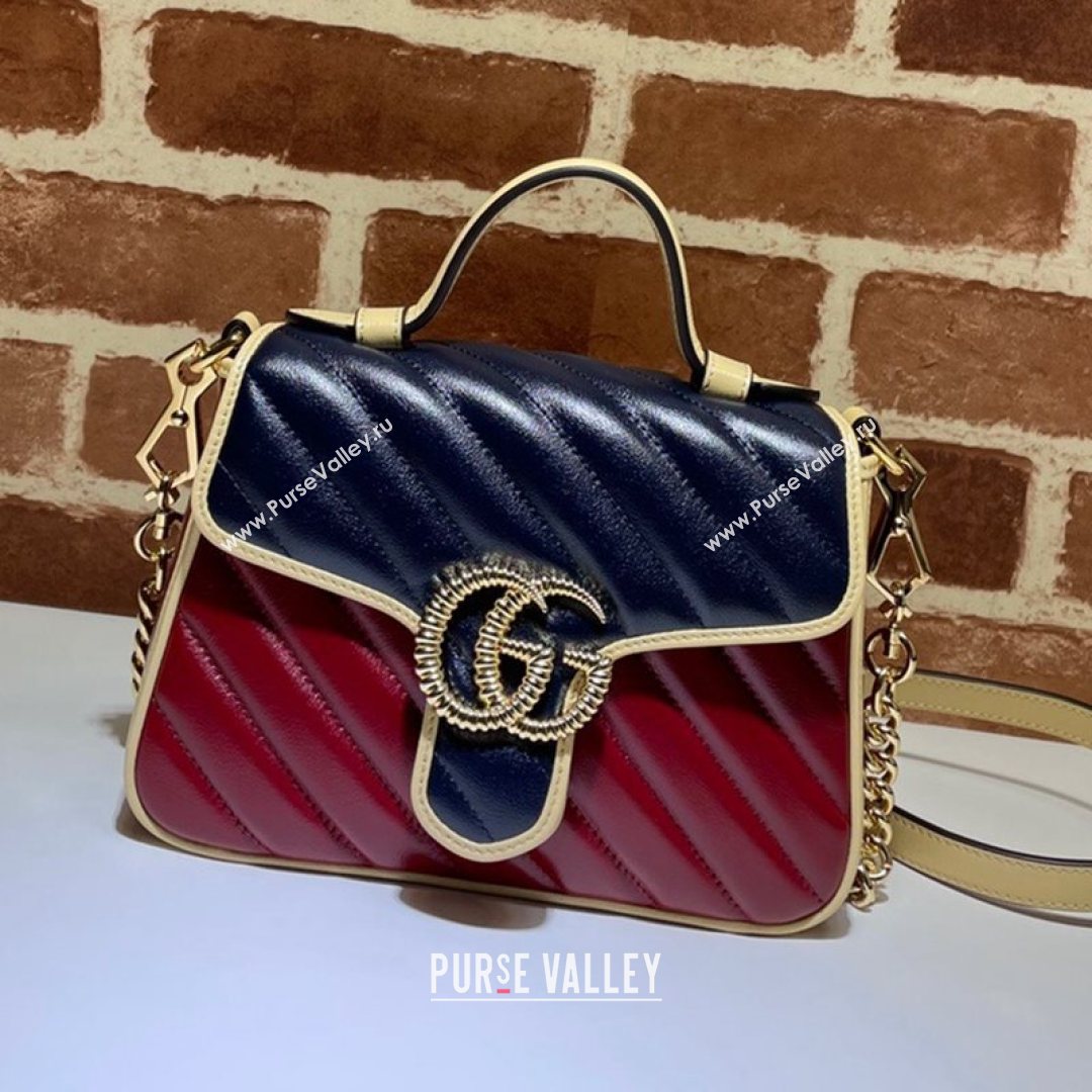 Gucci GG Marmont Leather Mini Bag 446744 Ruby Red/Navy Blue 2021 (DLH-21072612)