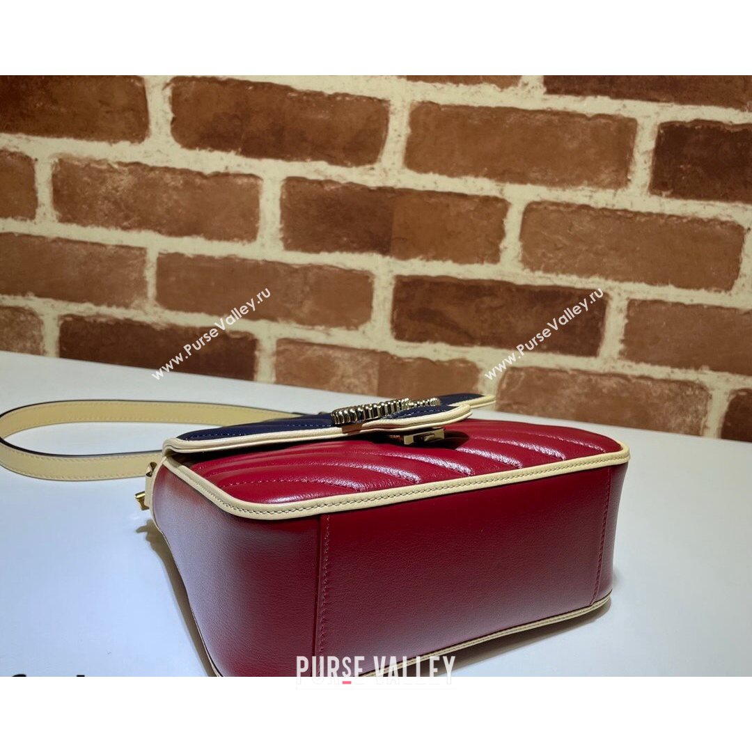 Gucci GG Marmont Leather Mini Bag 446744 Ruby Red/Navy Blue 2021 (DLH-21072612)