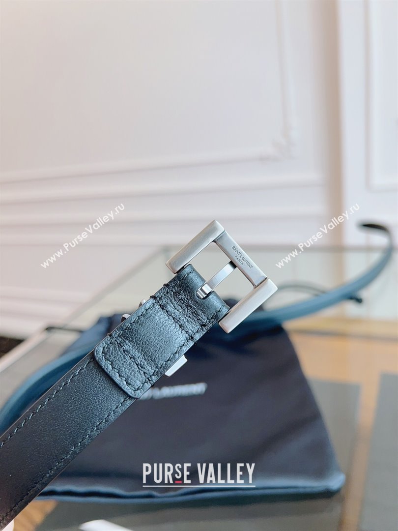 Saint Laurent Cassandra Calfskin Belt Width 2cm Black/Silver 2024 (YANG-24070402)