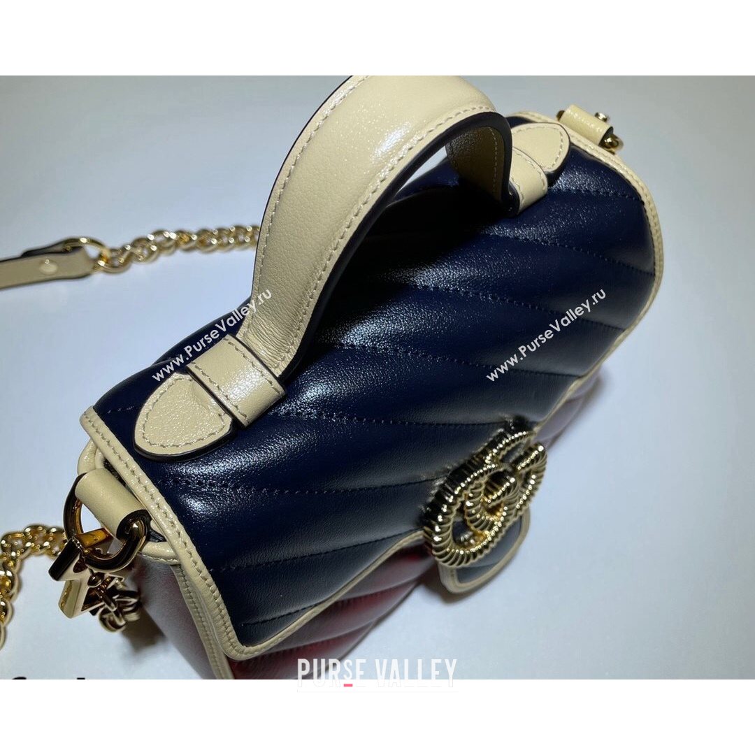 Gucci GG Marmont Leather Mini Bag 446744 Ruby Red/Navy Blue 2021 (DLH-21072612)